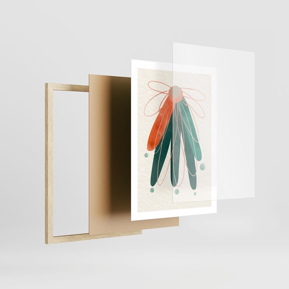 Plakat w ramie 50x70 - Energetyczna Harmonia Kwiatów - akwarelowe abstrakcyjne kształty, zieleń i pomarańcz - rama drewno