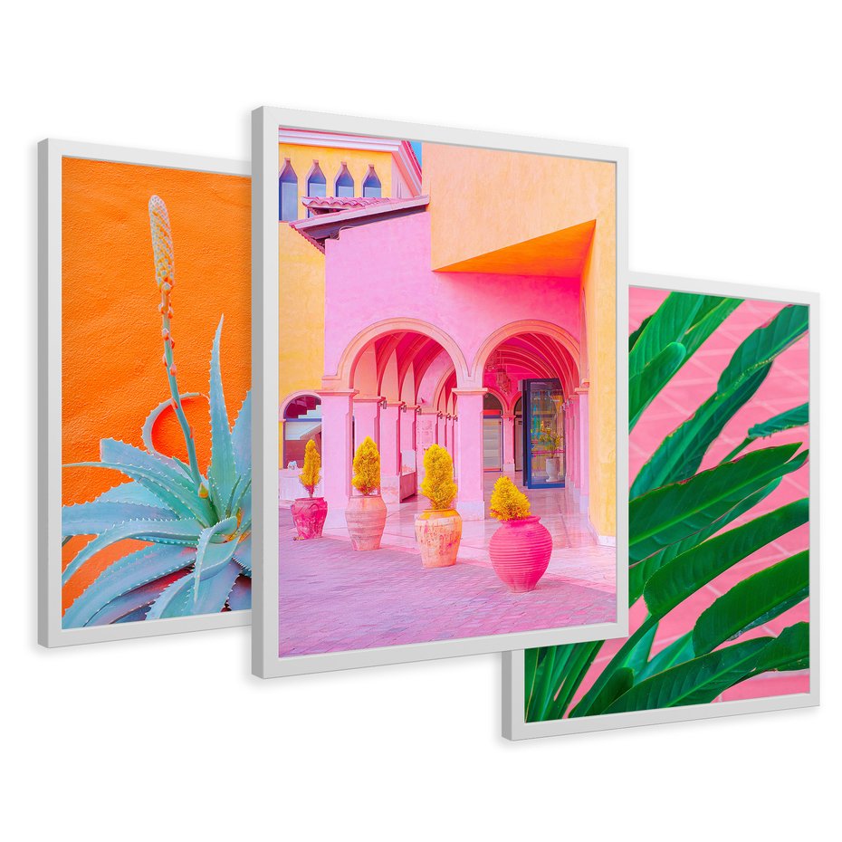 Zestaw obrazy w ramie 50x70 galeria - Liście, rośliny, energetyczne, neony - rama biała