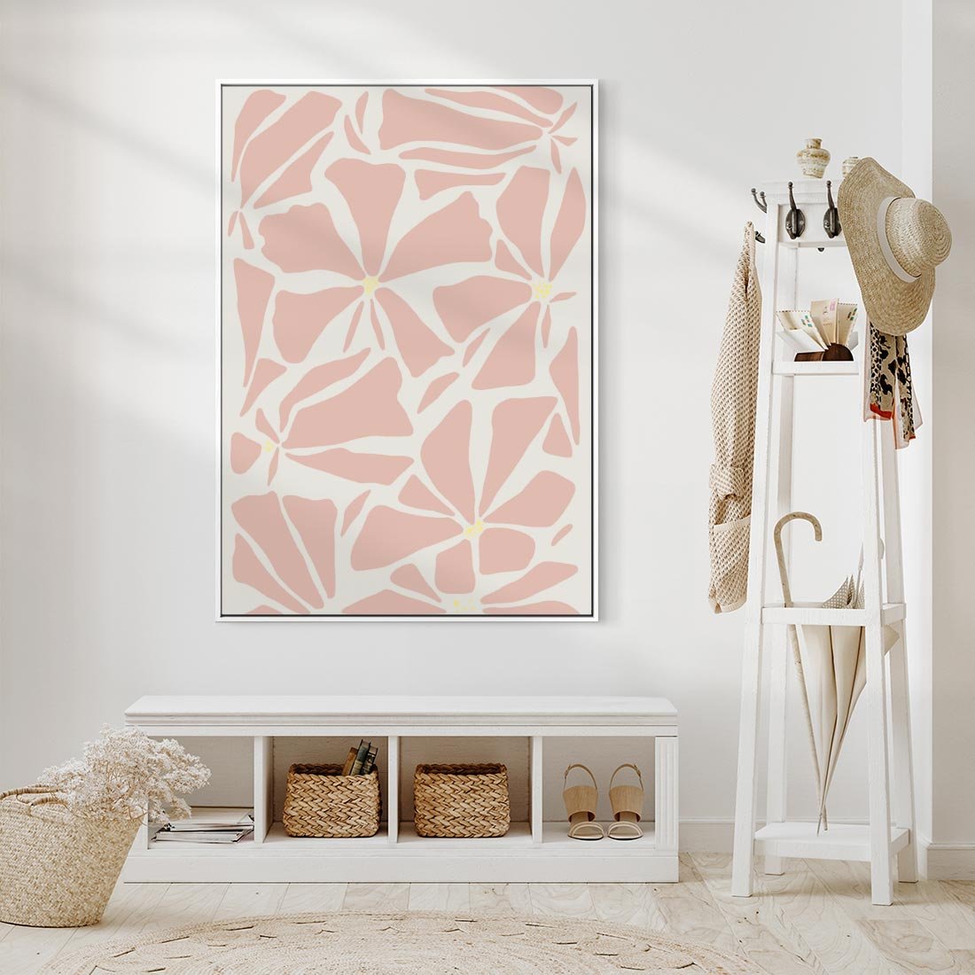 Obraz w ramie 80x120 - Akwarelowe Promienie - abstrakcyjne boho kwiaty, kompozycja - rama biała