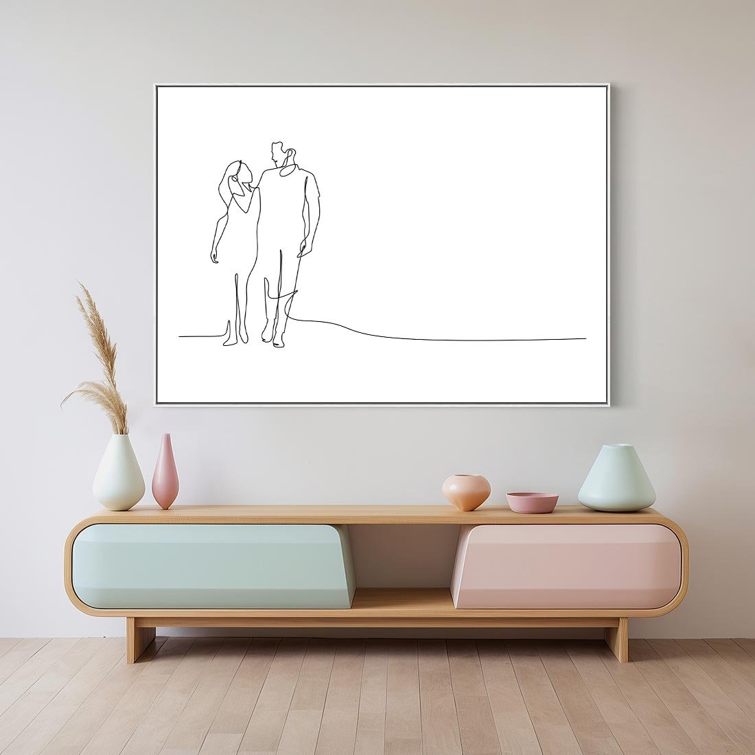 Obraz w ramie 100x70 - Wspólne Kroki - line art, szkic - rama biała