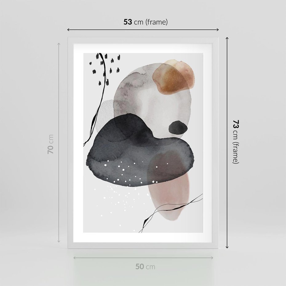 Plakat w ramie 50x70 - Impresje Harmonii - abstrakcyjne plamy akwarelowe, czarny szkic - rama biała