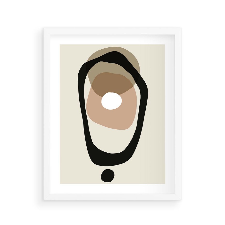 Plakat w ramie 40x50 - Intrygujące Zaskoczenia - beżowa abstrakcyjna kompozycja, czarny akcent - rama biała