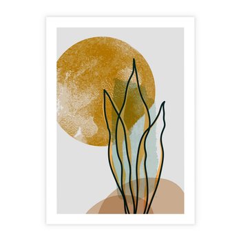 Plakat bez ramy 21x30 - Światło Natury: Graficzne Liście i Złote Słońce - grafika, graficzne liście