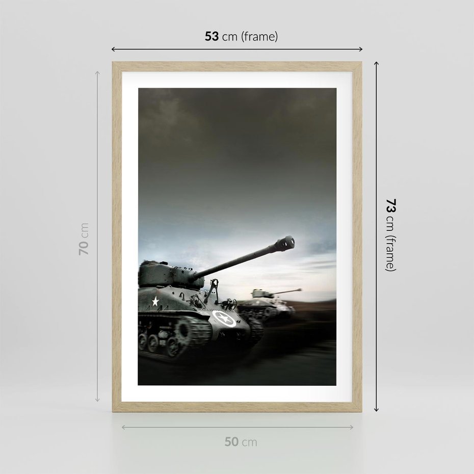 Plakat w ramie 50x70 - Siła i determinacja: czołgi wojenne - czołgi, wojna - rama drewno