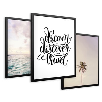 Zestaw obrazy w ramie 30x40 galeria - Cytat, podróż, rajska, plaża - rama czarna