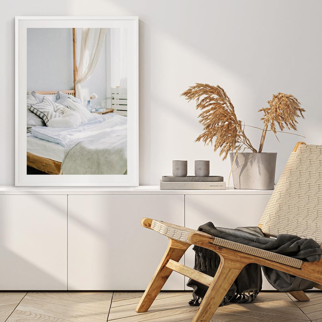 Plakat bez ramy 50x70 - Relaks w Sypialni: Jasne Kolory - zdjęcie sypialni, łóżko