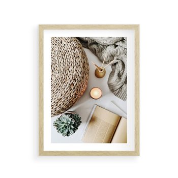 Plakat w ramie 40x50 - Przytulna Kompozycja Lifestyle - kompozycja lifestyle, wiklina - rama drewno