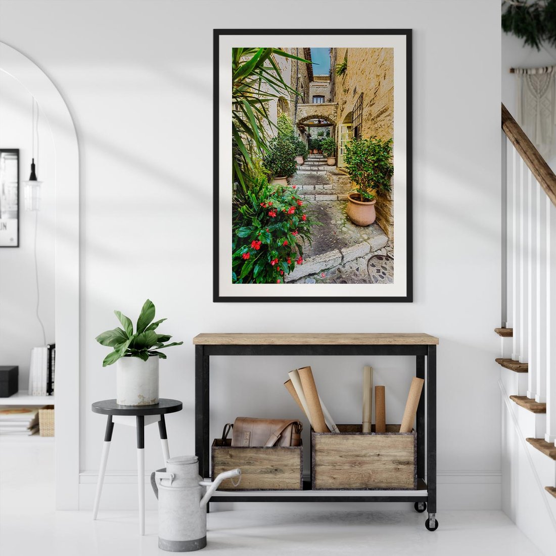 Plakat w ramie 50x70 - Perspektywa uliczki malownicza - uliczka, perspektywa - rama czarna