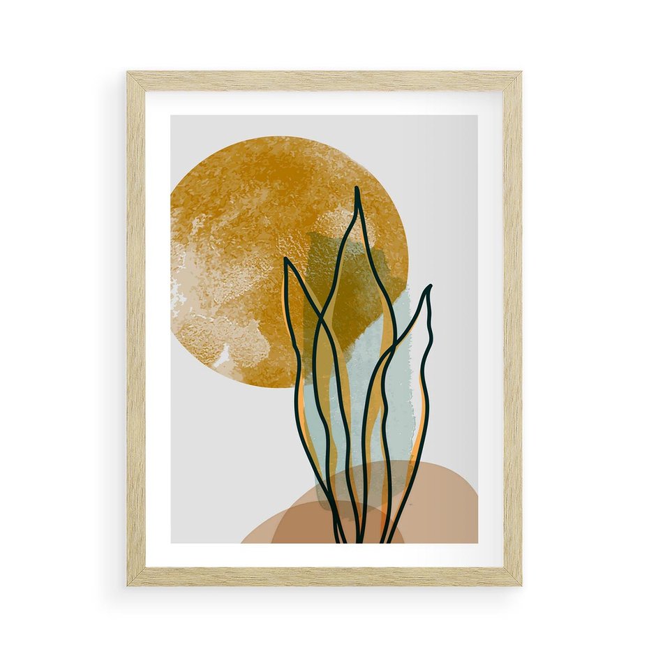 Plakat w ramie 50x70 - Światło Natury: Graficzne Liście i Złote Słońce - grafika, graficzne liście - rama drewno