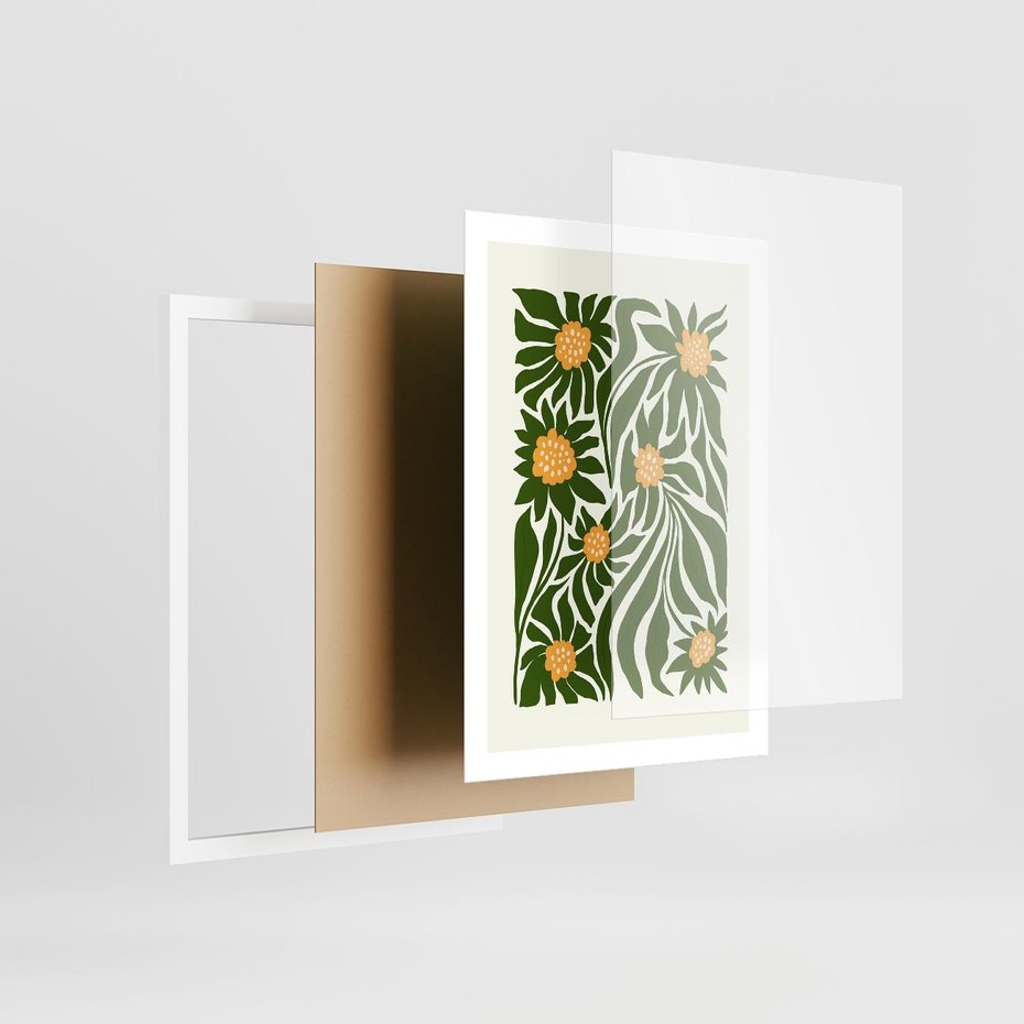 Plakat w ramie 50x70 - Spojrzenie wgłąb roślinnego świata - abstrakcyjne kwiaty, kompozycja - rama biała