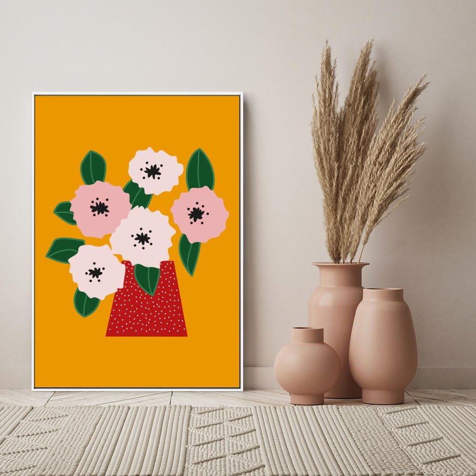 Obraz w ramie 50x70 - Harmonijne Granice - abstrakcyjne kwiaty, żółte tło - rama biała