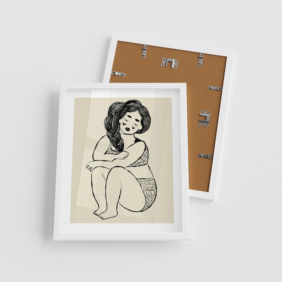 Plakat w ramie 40x50 - Migotliwe Refleksje - nowoczesny minimalistyczny rysunek, dziewczyna w bieliźnie - rama biała