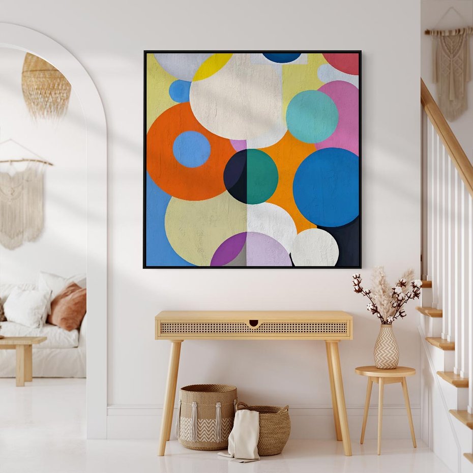 Obraz w ramie 50x50 - Tajemnicze Odbicia Czasu - abstrakcyjne geometryczne kształty, olejny obraz - rama czarna