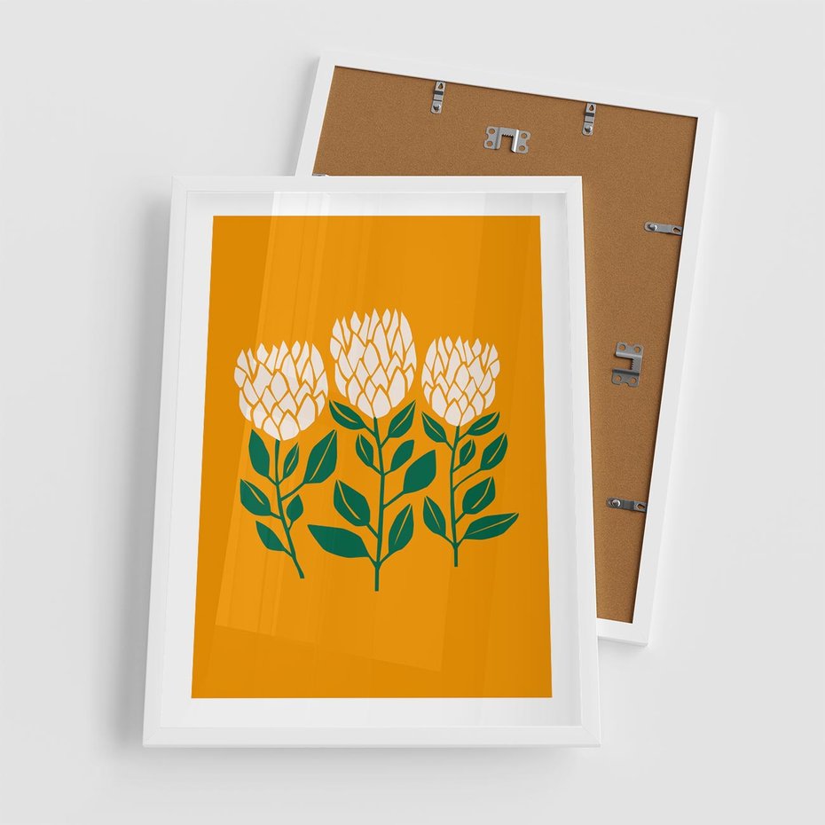 Plakat w ramie 50x70 - Kolorowe Impresje - abstrakcyjna kwiatowa kompozycja, żółte mocne tło - rama biała