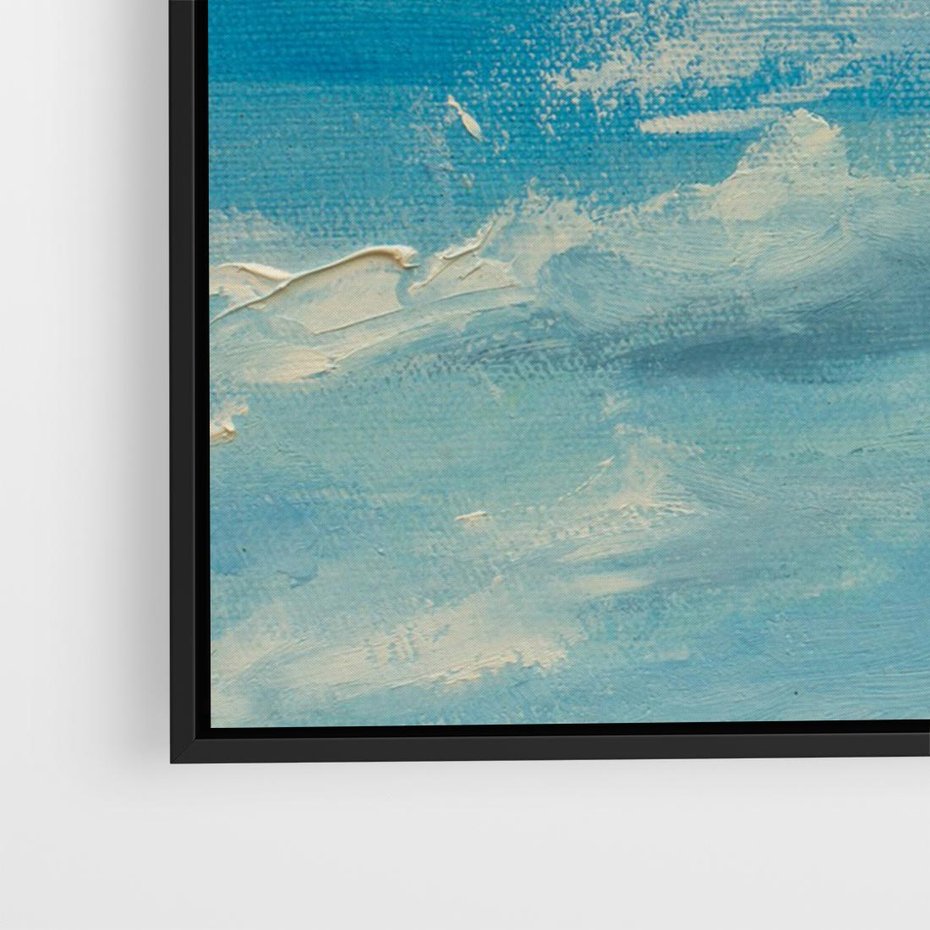 Obraz w ramie 70x50 - Oddechy niebiańskiej materii - olejny obraz, smugi farby przypominają obłoki na błękitnym niebie - rama czarna