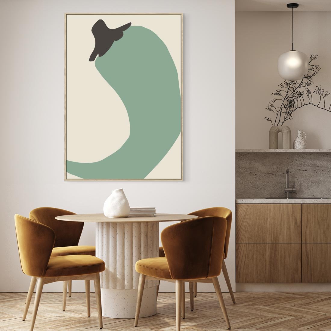 Obraz w ramie 80x120 - Granice Akwareli - abstrakcyjny minimalistyczny obraz, zielona papryczka - rama drewno