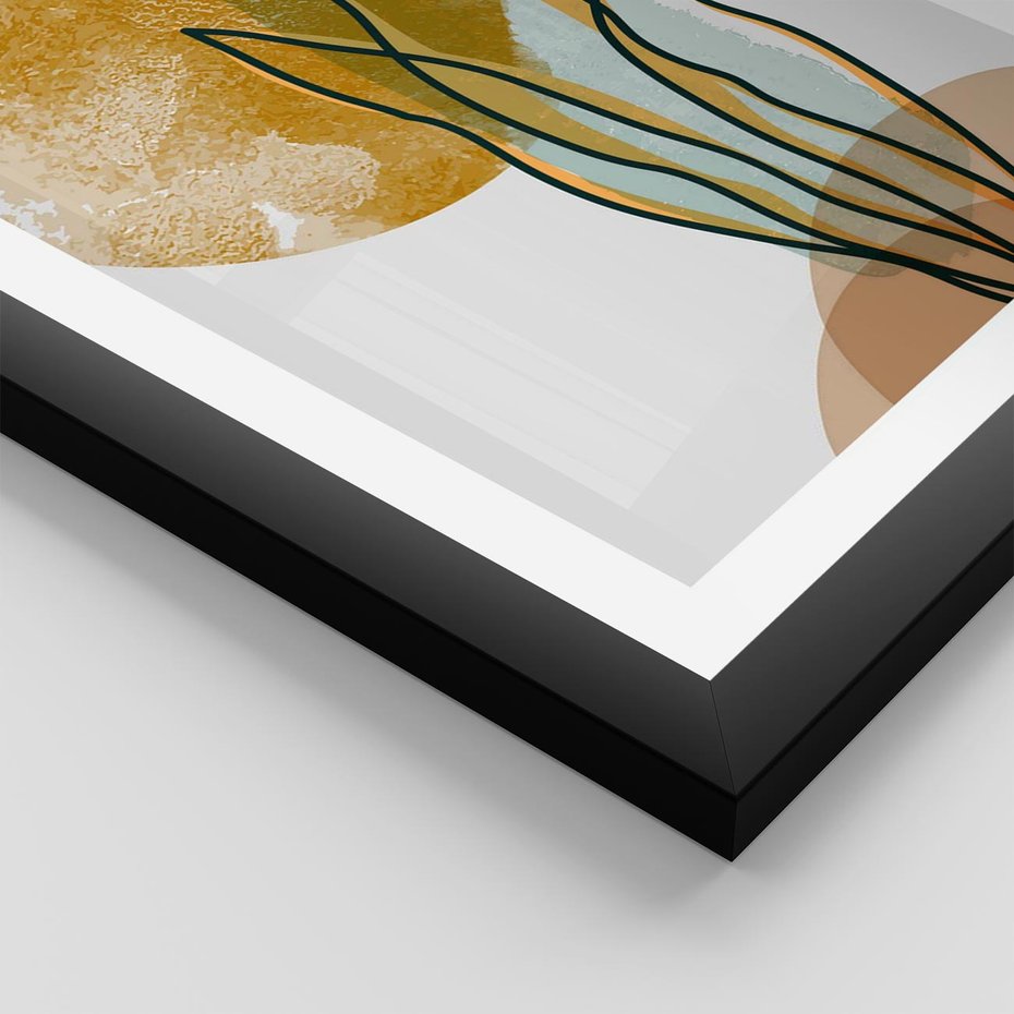 Plakat w ramie 30x40 - Światło Natury: Graficzne Liście i Złote Słońce - grafika, graficzne liście - rama czarna