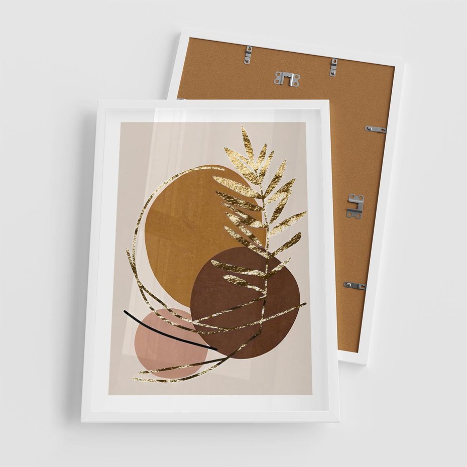 Plakat w ramie 50x70 - Taniec Przenikających Odbić - abstrakcyjny obraz, złote liście palmy - rama biała