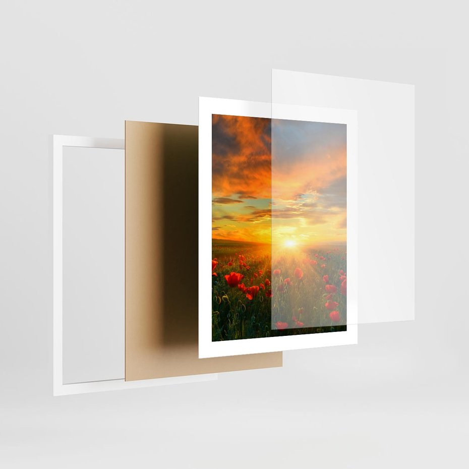 Plakat w ramie 40x50 - Magia zachodu słońca na łące z makami - łąka, zachód słońca - rama biała