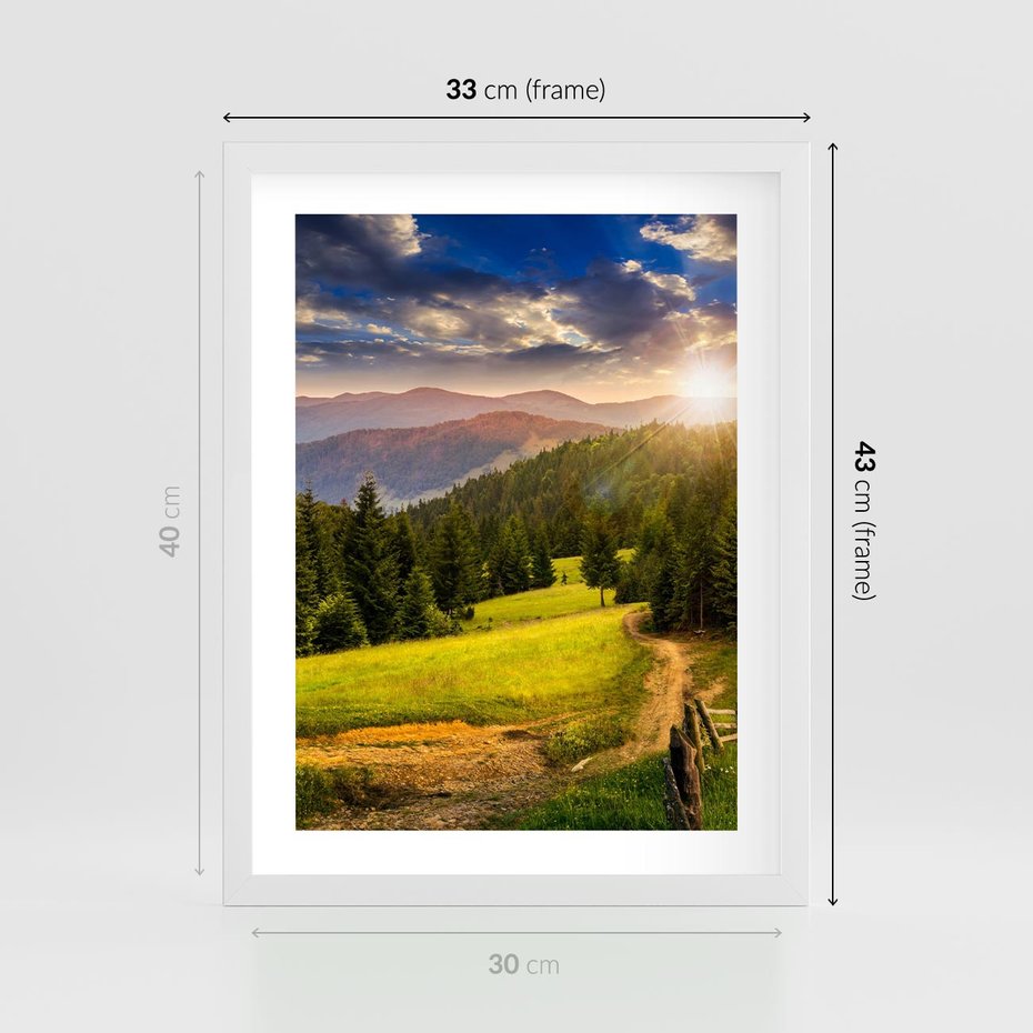 Plakat w ramie 30x40 - Zachód słońca na łące - zachód, łąka - rama biała