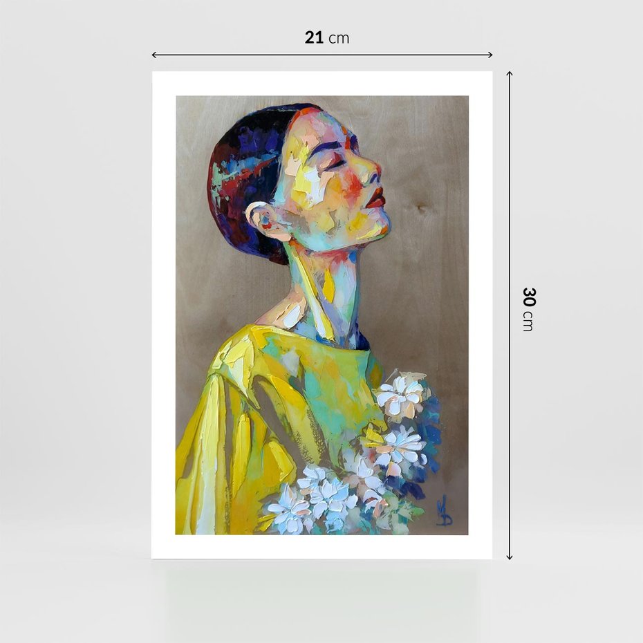 Plakat bez ramy 21x30 - W Żółtej Sukience - olejny abstrakcyjny obraz, portret kobiety w żółtej sukience