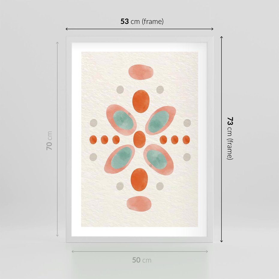 Plakat w ramie 50x70 - Symfonia Natury - abstrakcyjne plamy w odcieniach pomarańczowym, kropki plamki - rama biała