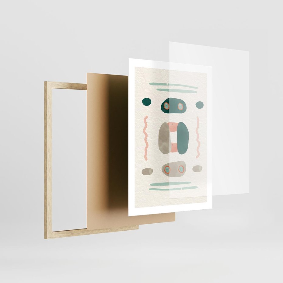 Plakat w ramie 50x70 - Tańczące Kształty Natury - przypadkowe abstrakcyjne wzory, pomarańczowy i zielony - rama drewno