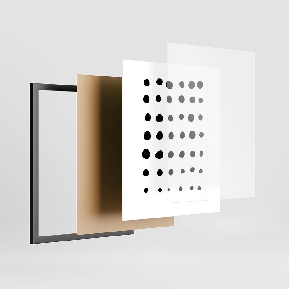 Plakat w ramie 40x50 - Refleksje Światła - minimalistyczna kompozycja, czarne kropkina białym tle - rama czarna