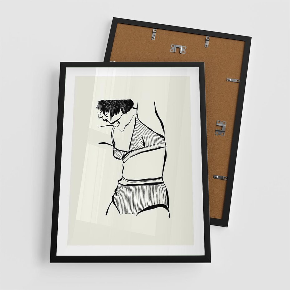 Plakat w ramie 50x70 - Minimalistyczny Urok - szkic, kobieta w bieliźnie - rama czarna