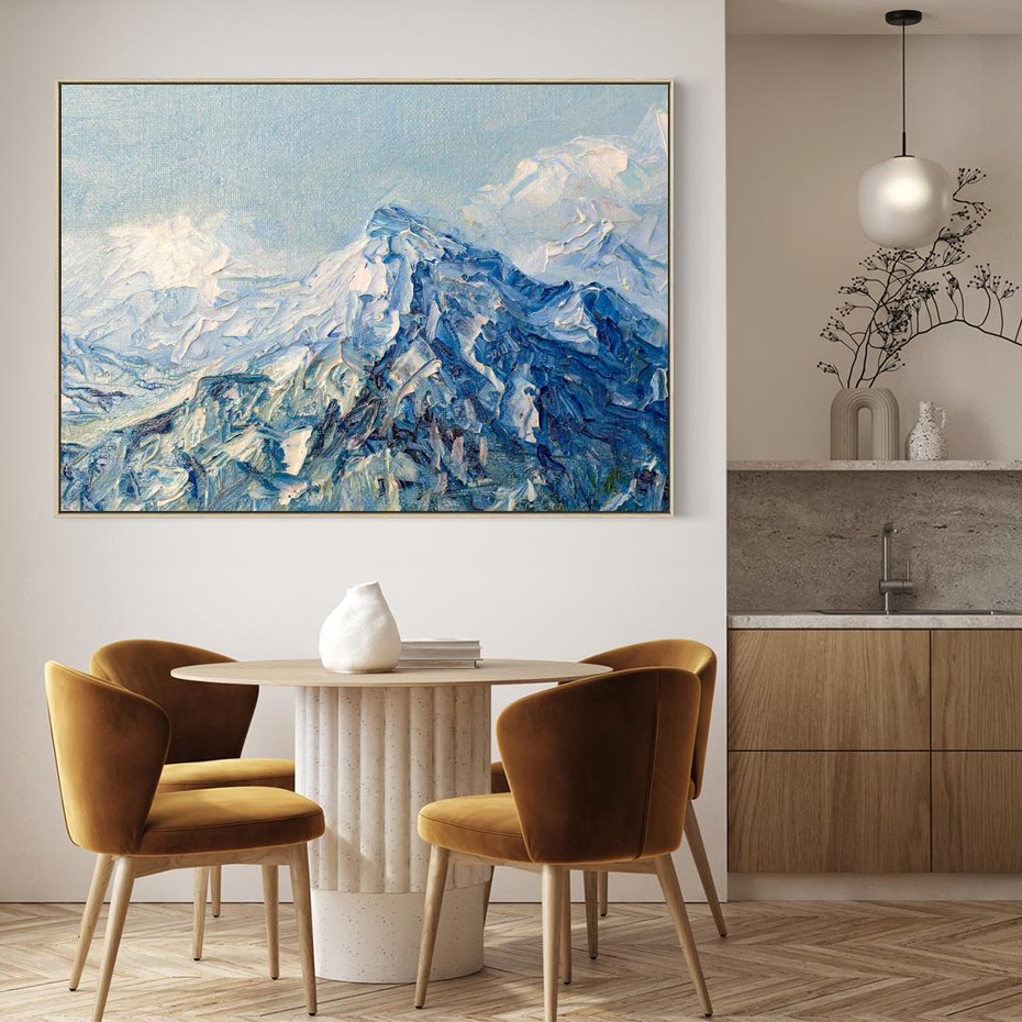 Obraz w ramie 100x70 - Majestat Błękitnych Szczytów - olejny obraz, górski pejzaż - rama drewno