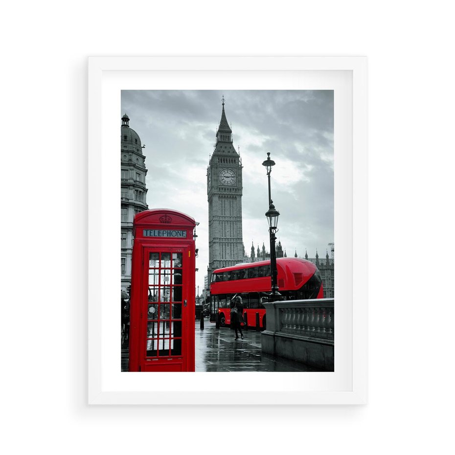 Plakat w ramie 40x50 - Uliczka z charakterystyczną budką w Londynie - Londyn, budka - rama biała