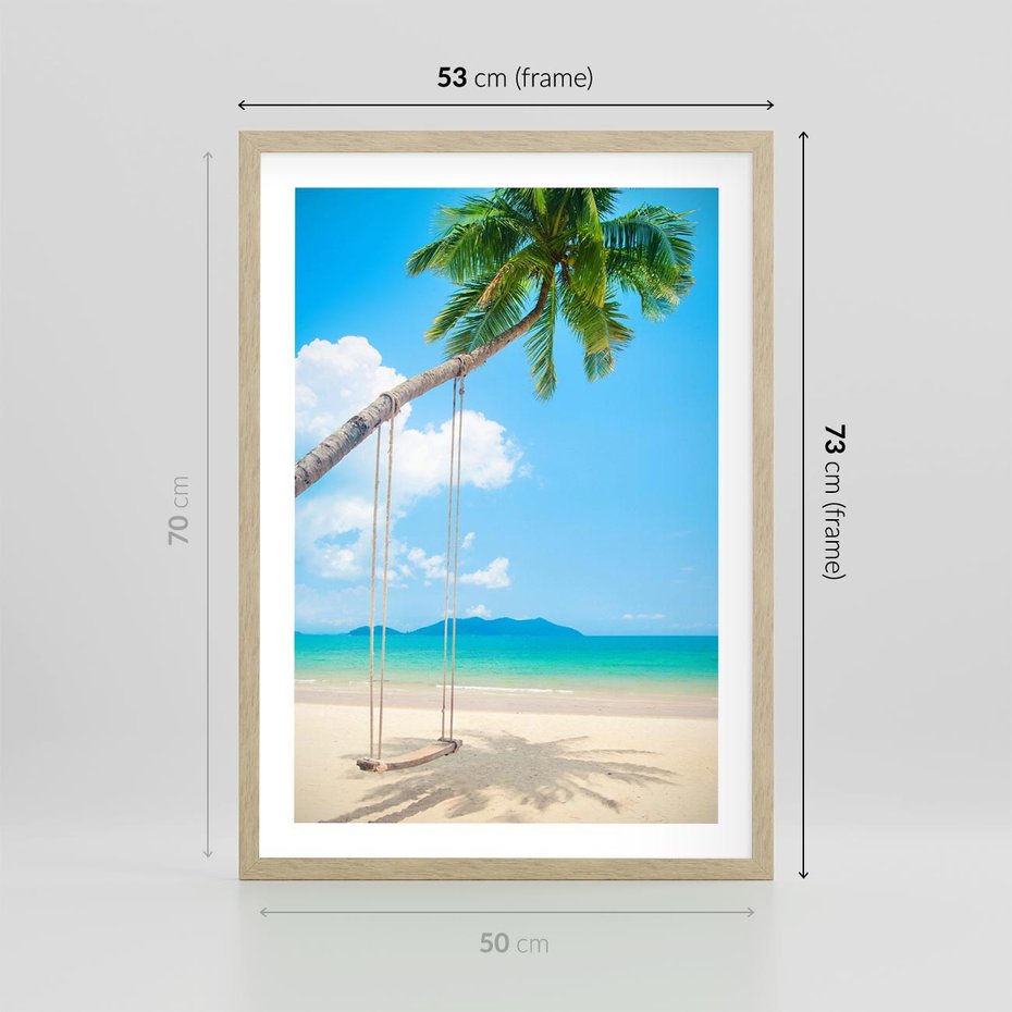 Plakat w ramie 50x70 - Hawajska palma i huśtawka na plaży - palma, huśtawka - rama drewno