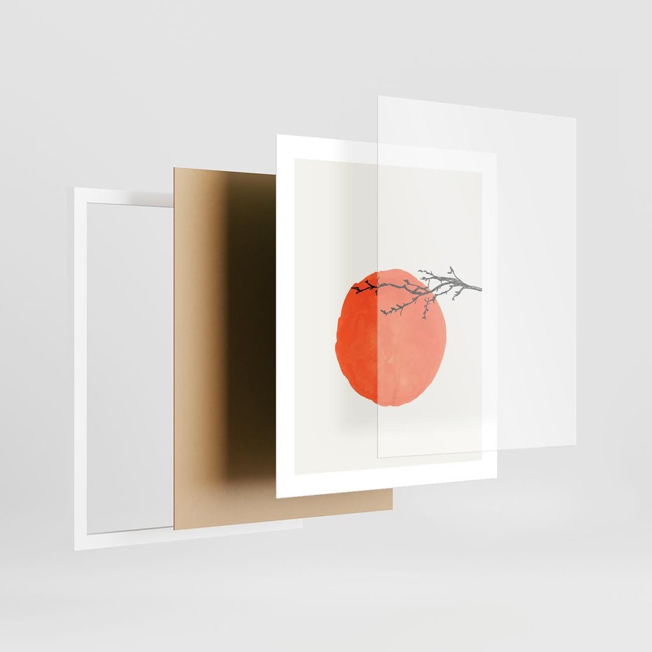 Plakat w ramie 40x50 - Słońce i Gałązka - pomarańczowe słońce, gałązka - rama biała