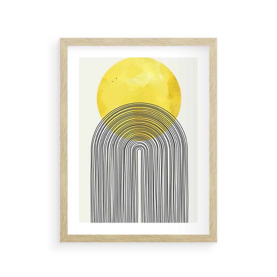 Plakat w ramie 30x40 - Słoneczne Odbicia - geometria, żółte koło - rama drewno