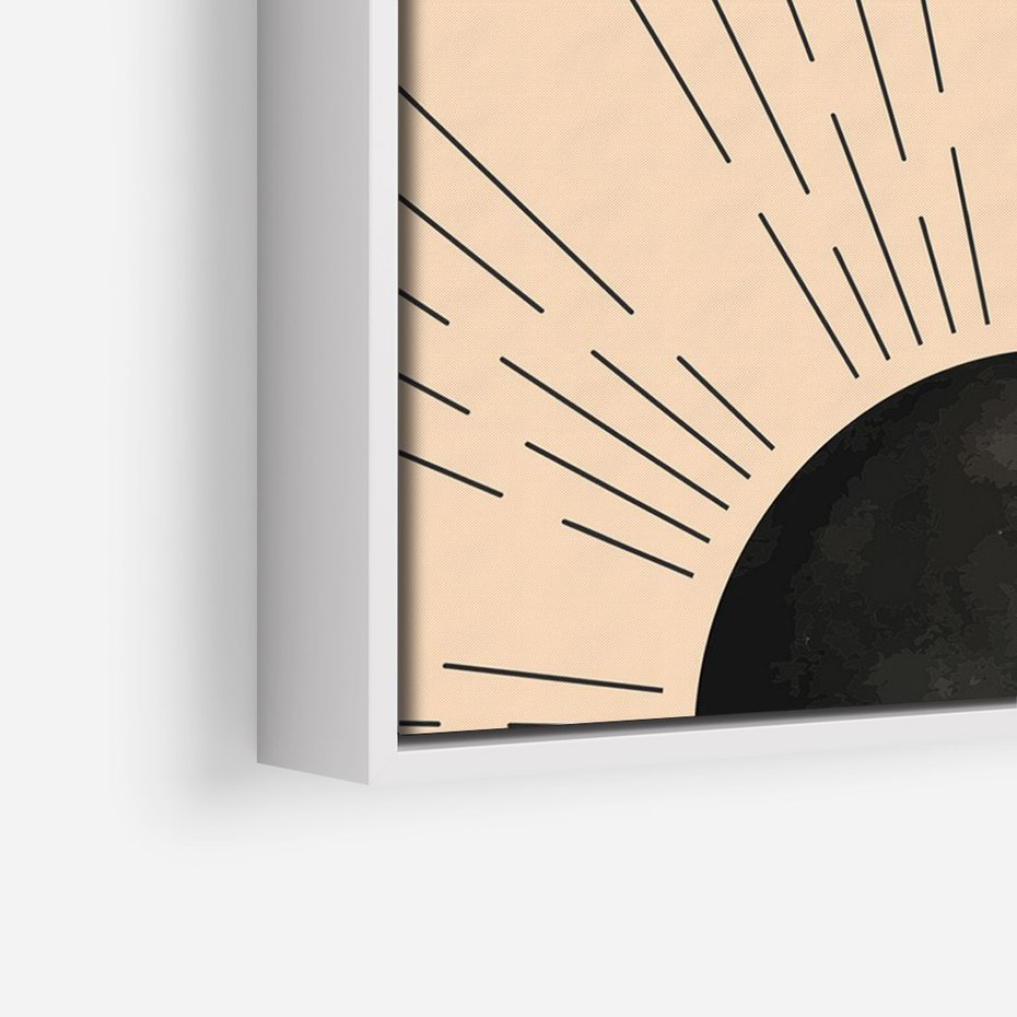 Obraz w ramie 50x70 - Migocące Kształty Promieni - boho czarne słońce, nowoczesna grafika - rama biała