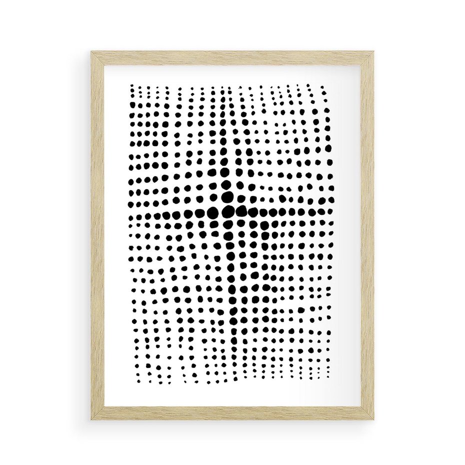 Plakat w ramie 50x70 - Refleksje Monochromatycznych Widoków - abstrakcyjna kompozycja z czarnych kropek, minimalistyczny czarno bialy plakat - rama drewno