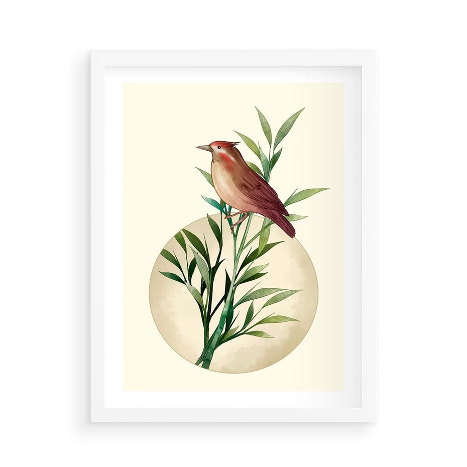 Plakat w ramie 50x70 - Rozkwitająca Delikatność - japońska sztuka, ptak - rama biała