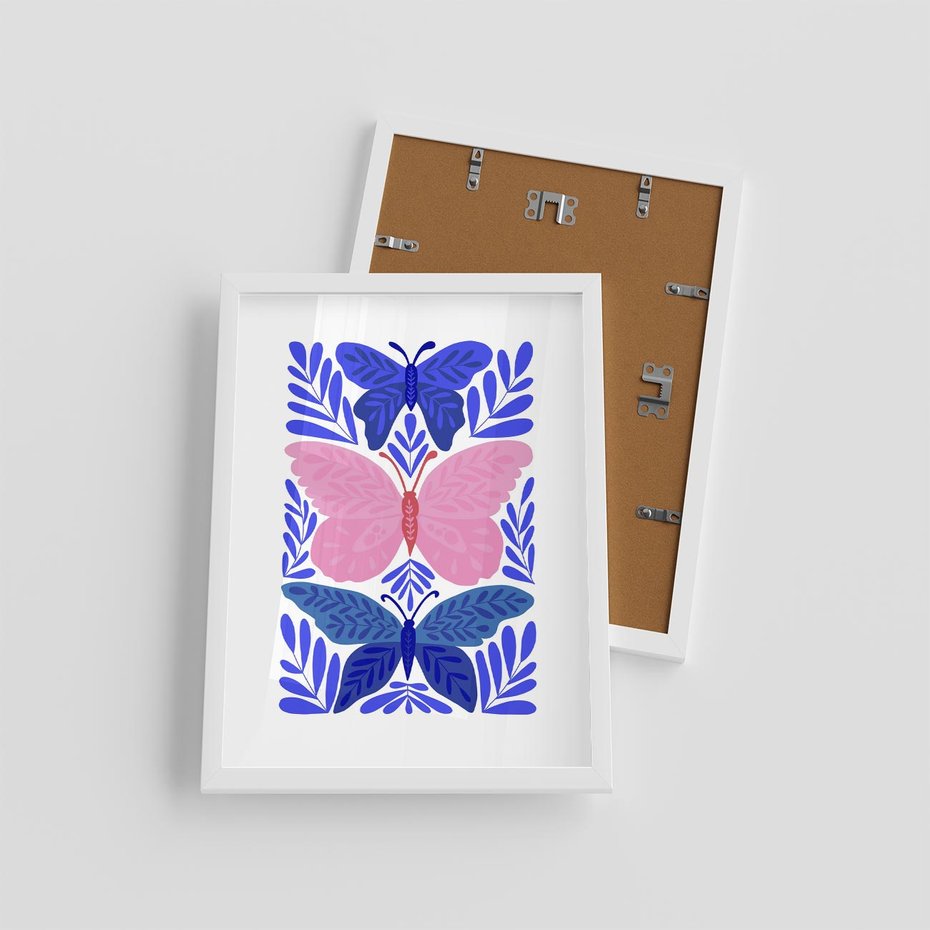 Plakat w ramie 30x40 - Delikatna Symfonia Natury - motyle, rośliny - rama biała