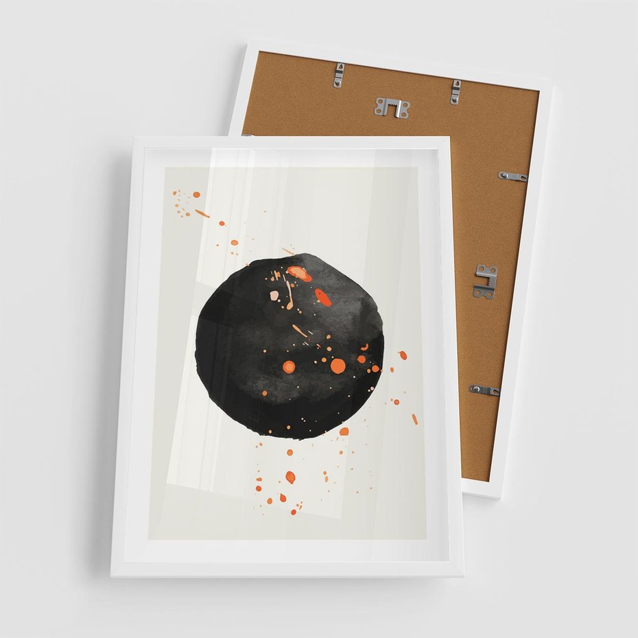 Plakat w ramie 50x70 - Wnętrza Marzeń - abstrakcyjna czarna plama, rozsiane pomarańczowe kropki - rama biała