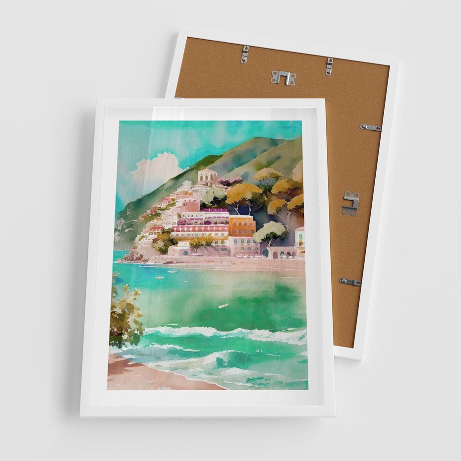 Plakat w ramie 50x70 - Na Zboczu - akwarela, nadmorski pejzaż - rama biała