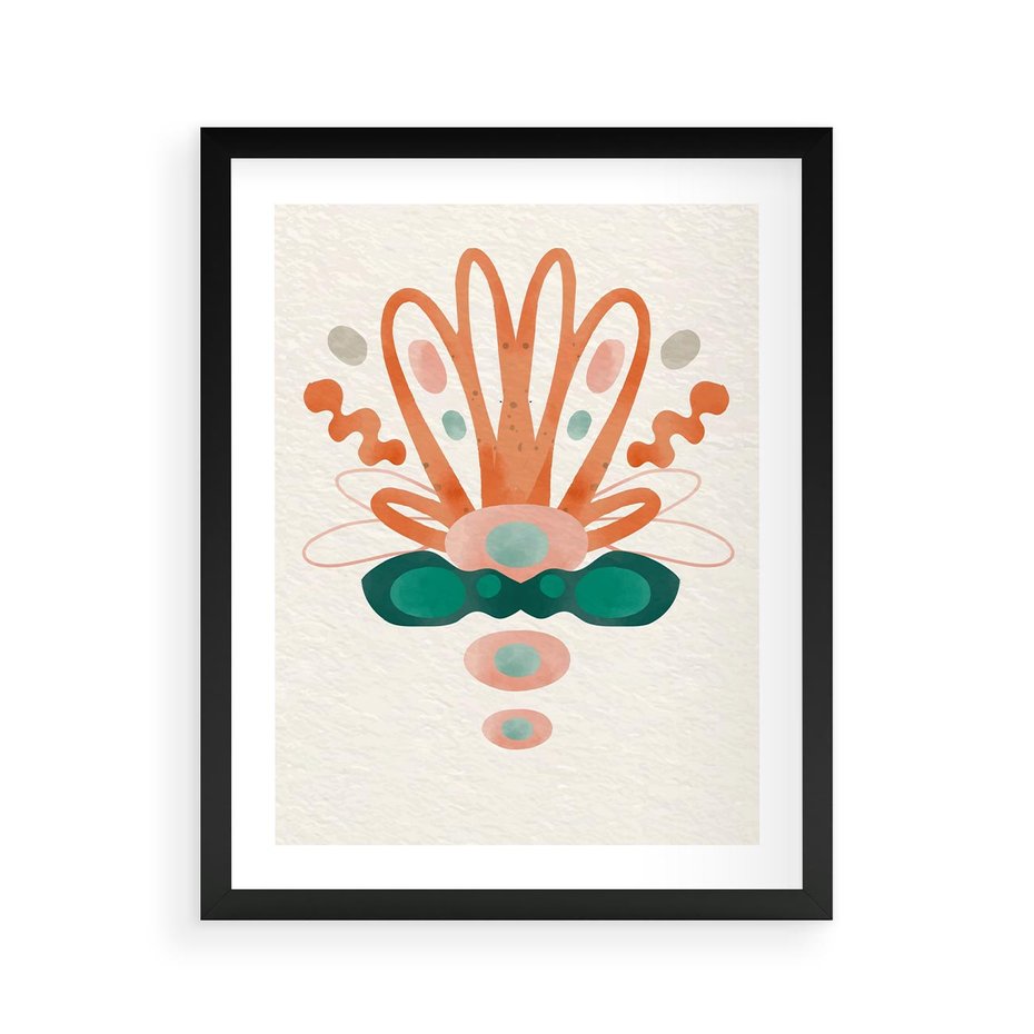 Plakat w ramie 40x50 - Harmonia Nienormalności - akwarelowe abstrakcyjne kształty, zieleń i pomarańcz - rama czarna