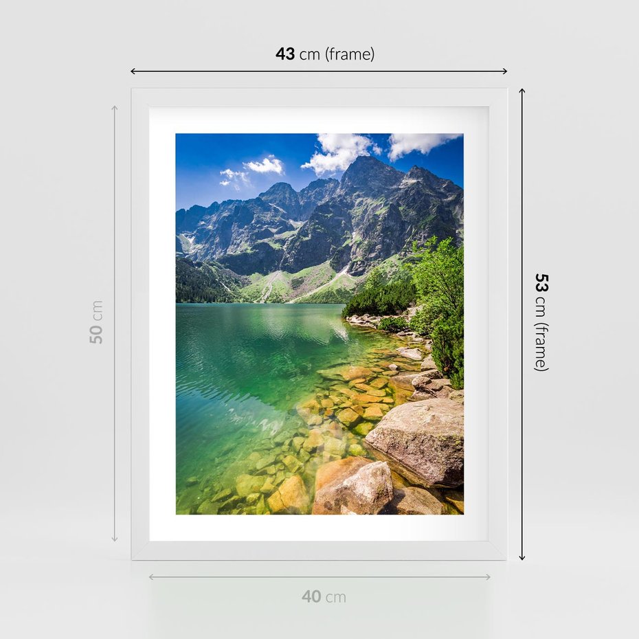 Plakat w ramie 40x50 - Mistyczne Połączenie - jezioro, góry - rama biała