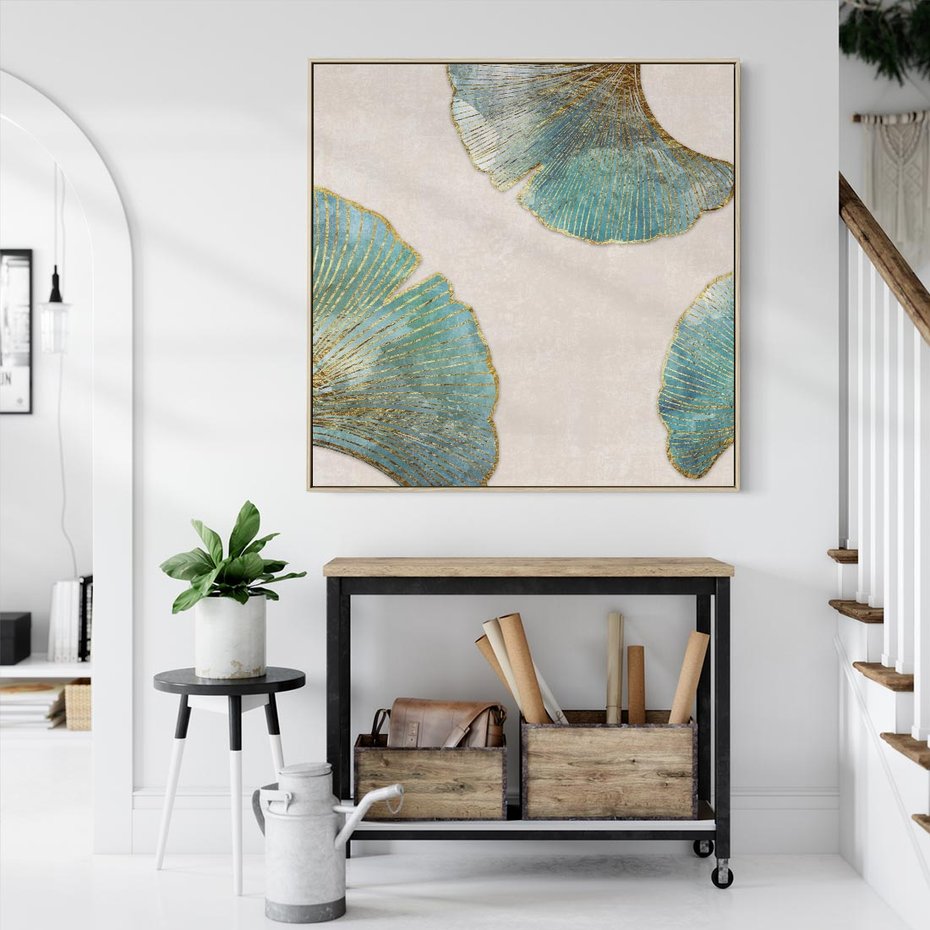 Obraz w ramie 50x50 - Złota Melodia Liści - złote, turkusowe liście miłorzębu - rama drewno