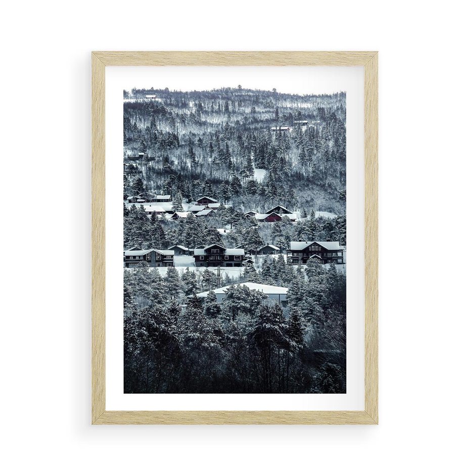 Plakat w ramie 50x70 - Domki w Chmurach - górski zimowy krajobraz, dommki na wzgórzach - rama drewno