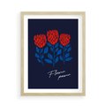 Plakat w ramie 50x70 - Podróżne Barwy - czerwone abstrakcyjne kwiaty, granatowe tło - rama drewno