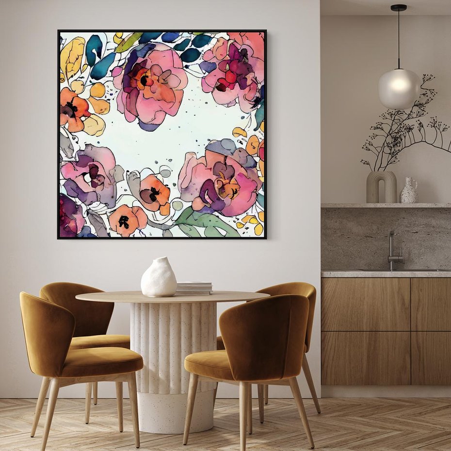 Obraz w ramie 50x50 - Rozkwitające marzenia - akwarelowe kwiaty, kolory - rama czarna