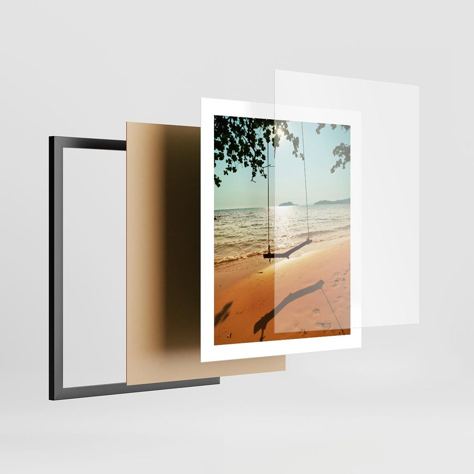 Plakat w ramie 40x50 - Tropikalna plaża i huśtawka - plaża, tropiki - rama czarna