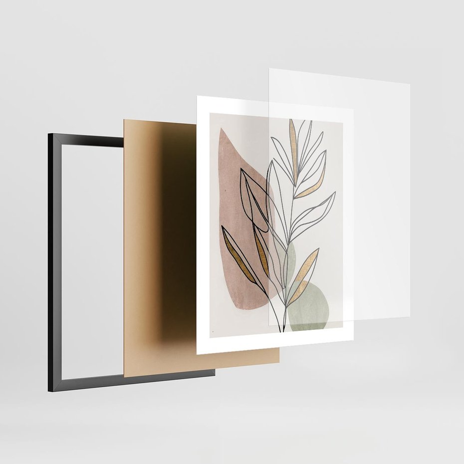 Plakat w ramie 40x50 - Impulsy Subtelnej Harmonii - abstrakcyjny obraz boho, liście - rama czarna