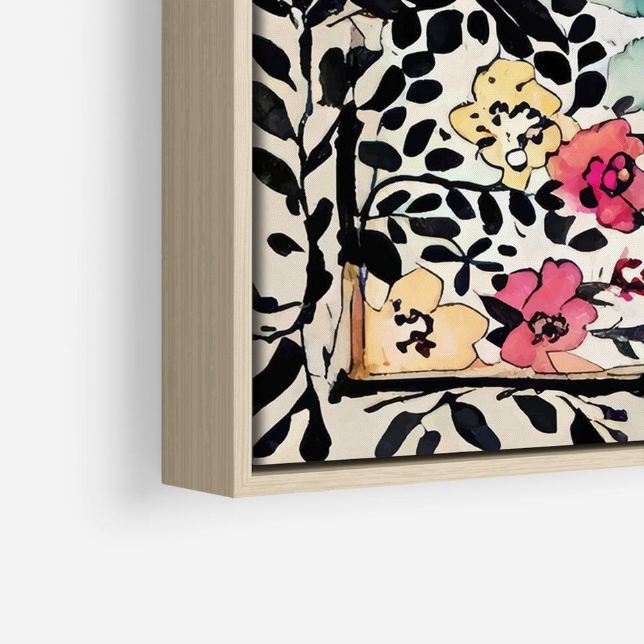 Obraz w ramie 100x70 - Opowieść w kroplach farb - akwarelowe kwiaty, mocna ornamentowa czarna ramka namalowana dookoła obrazu - rama drewno