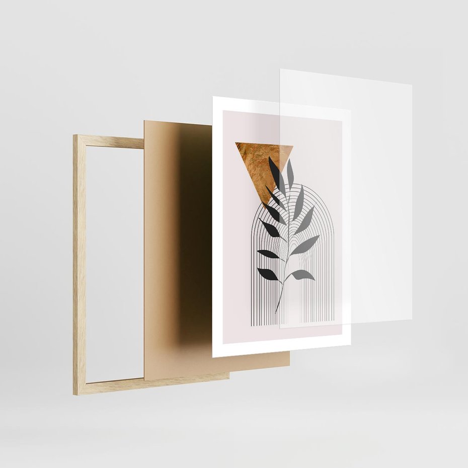 Plakat w ramie 50x70 - Geometria z Elementami Złota i Liści - grafika, złoto - rama drewno